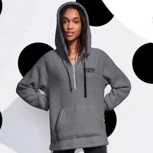Victoria's Secret PINK sherpa quarter-zip pullover hoodie Small S dark grey